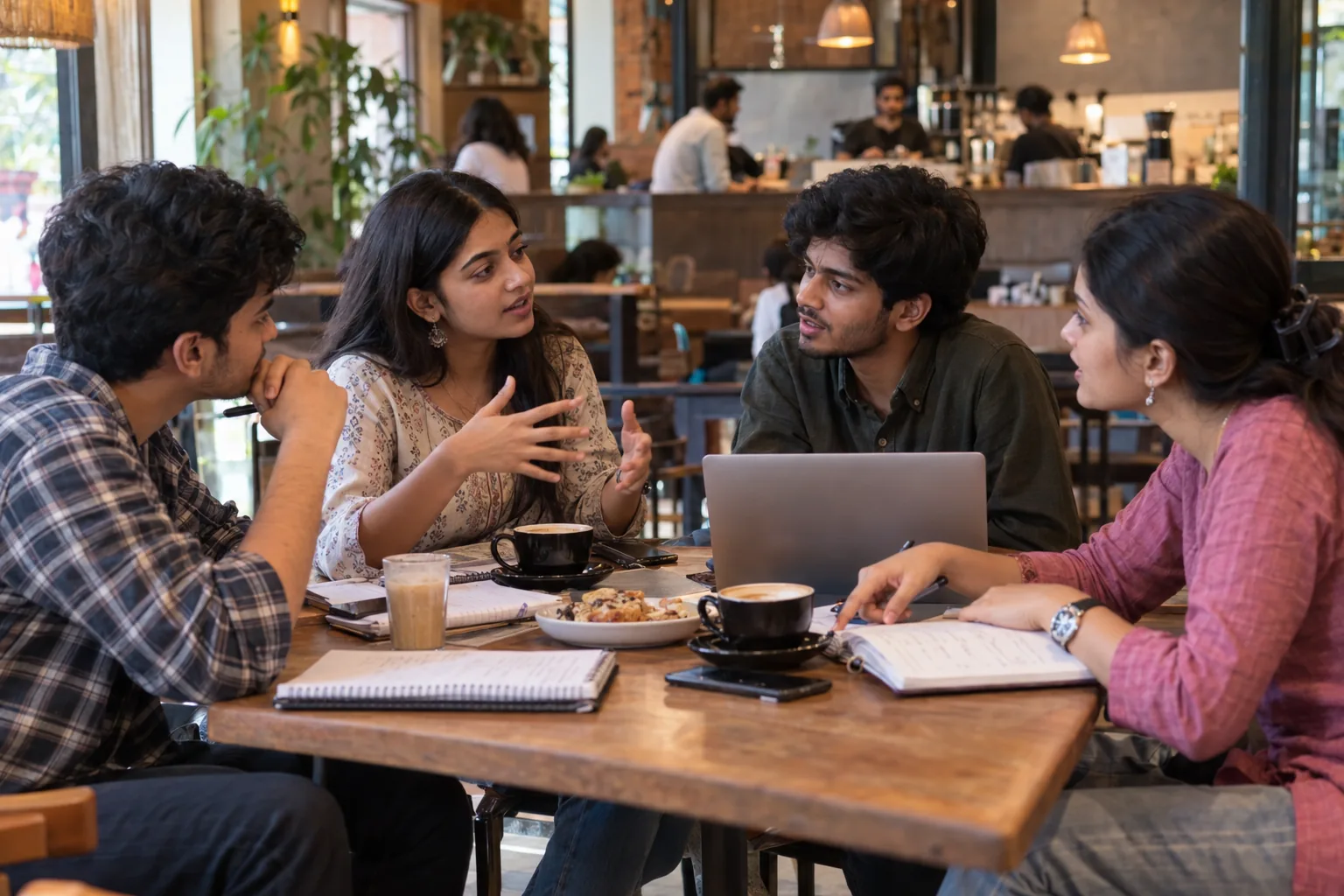 Four young people sharing ideas around a laptop at a café